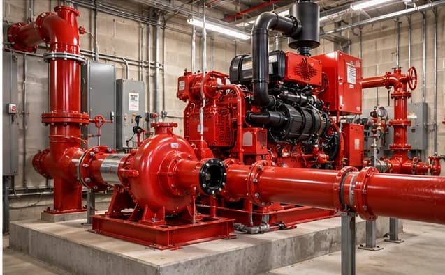Red commercial fire pump, driver, and piping in an equipment room