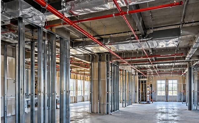 Exposed ceiling and red sprinkler piping in an unfinished commercial interior
