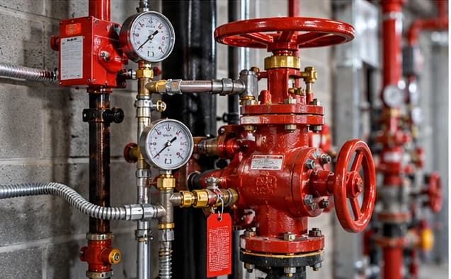 Red fire sprinkler control valve, gauges, and connected piping