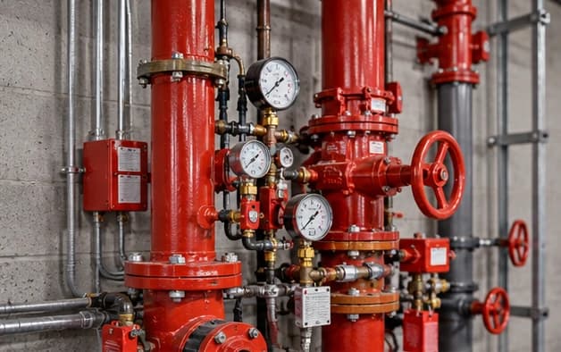 Red commercial fire sprinkler riser with control valves and pressure gauges
