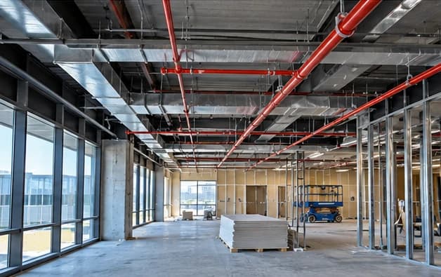 Unfinished commercial suite with exposed ceiling, metal studs, and overhead sprinkler piping