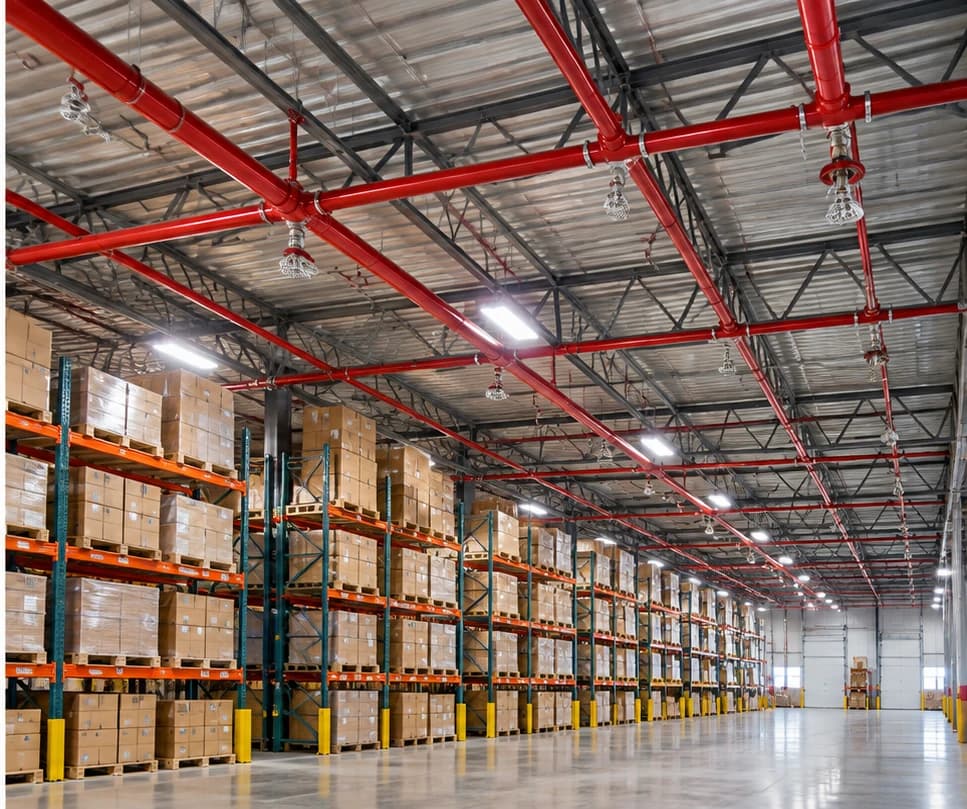 Commercial warehouse aisle with pallet racking and red overhead fire sprinkler piping