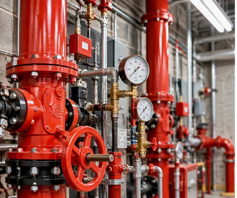 Red commercial fire sprinkler riser with a control valve, piping, and pressure gauges